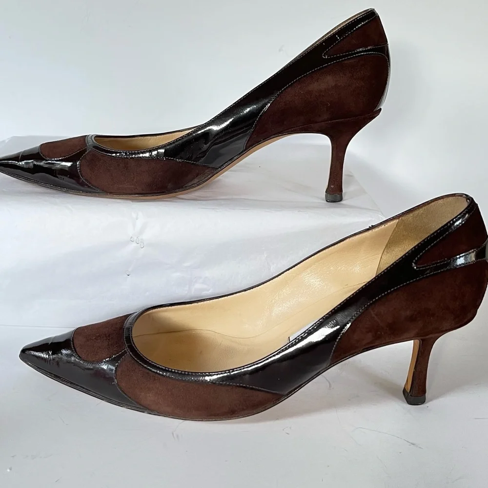 Jimmy Choo brown suede patent leather kitten heels 37.5